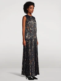 Pleated Satin Maxi Dress Floral Print