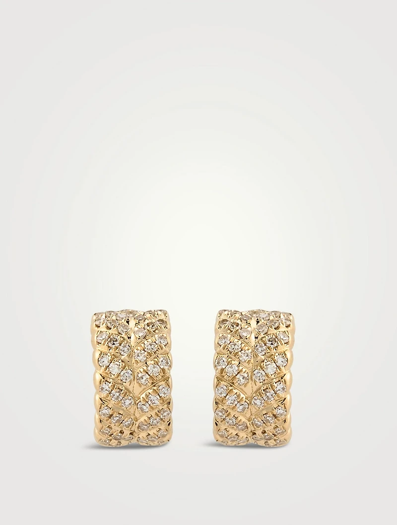 14K Gold Herringbone Huggie Hoop Earrings With Diamonds