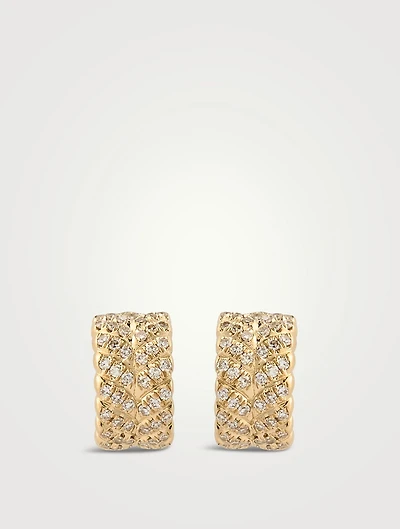 14K Gold Herringbone Huggie Hoop Earrings With Diamonds