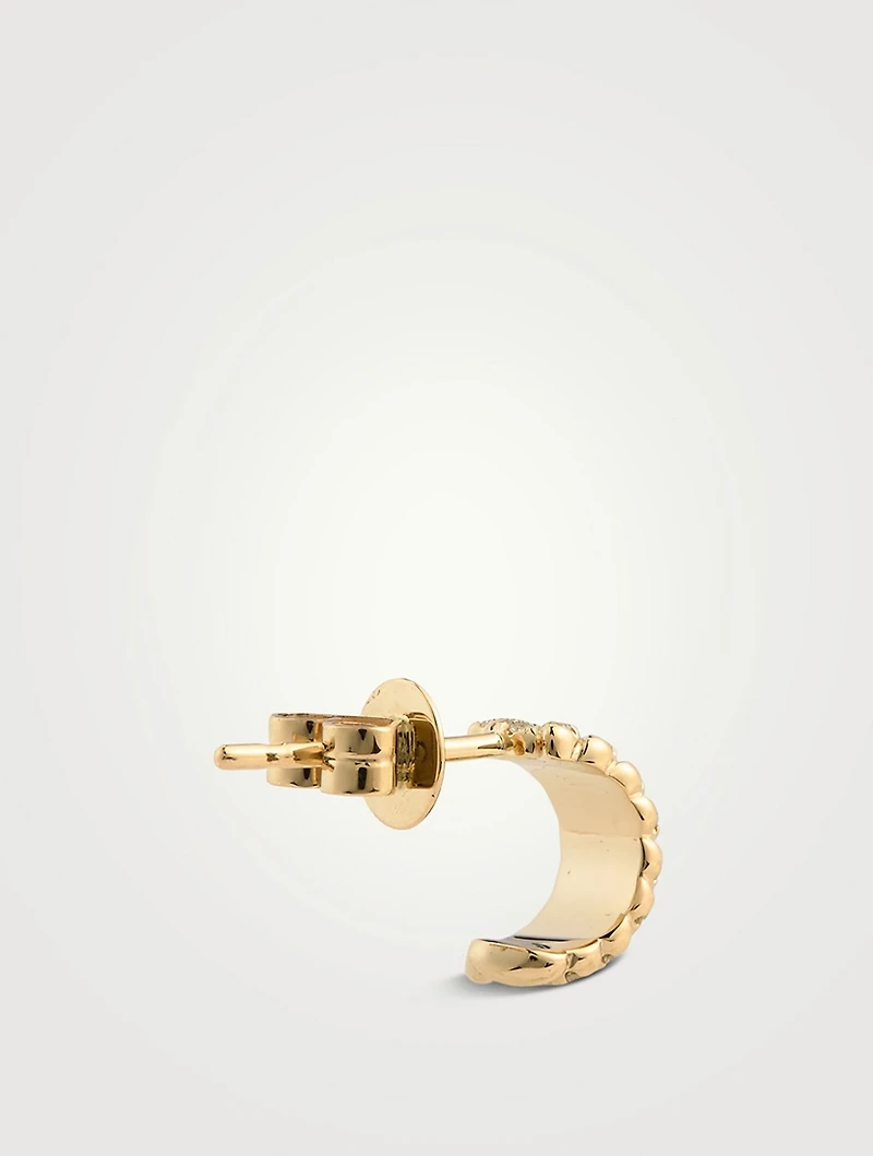 14K Gold Herringbone Huggie Hoop Earrings With Diamonds