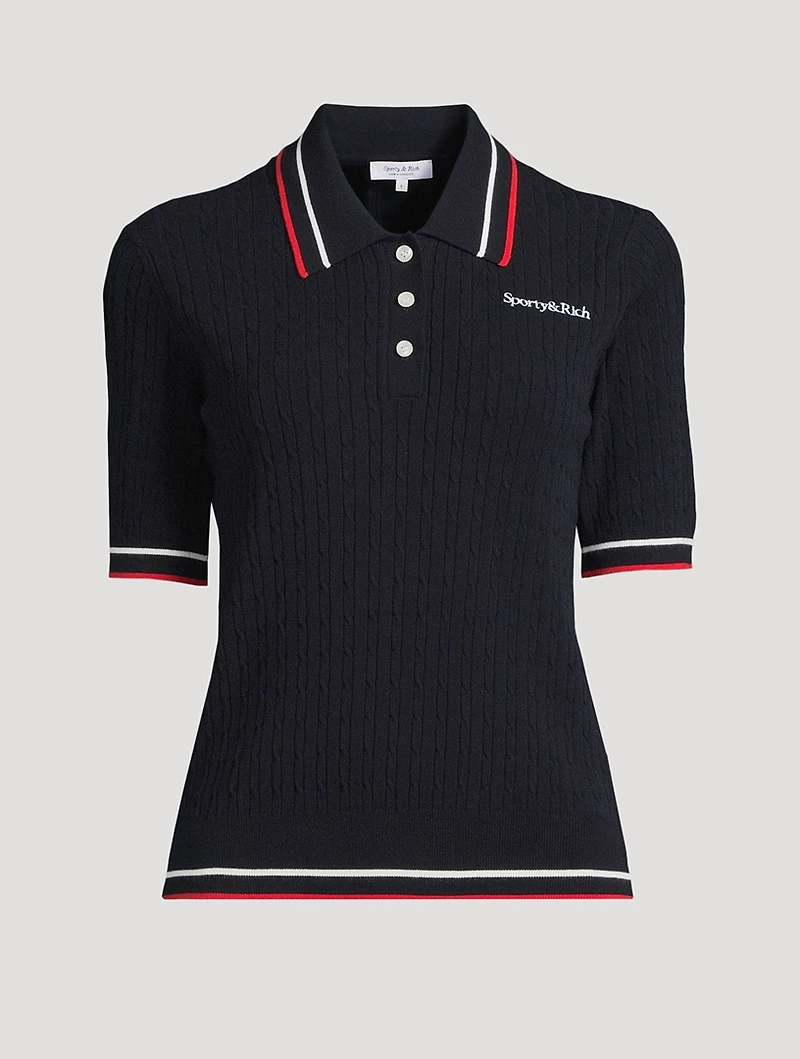Serif Logo Cable-Knit Polo Shirt