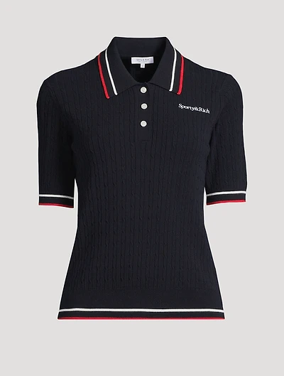 Serif Logo Cable-Knit Polo Shirt