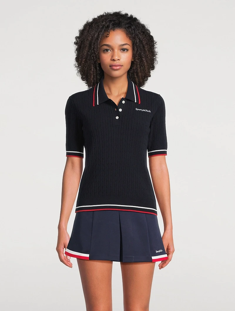 Serif Logo Cable-Knit Polo Shirt