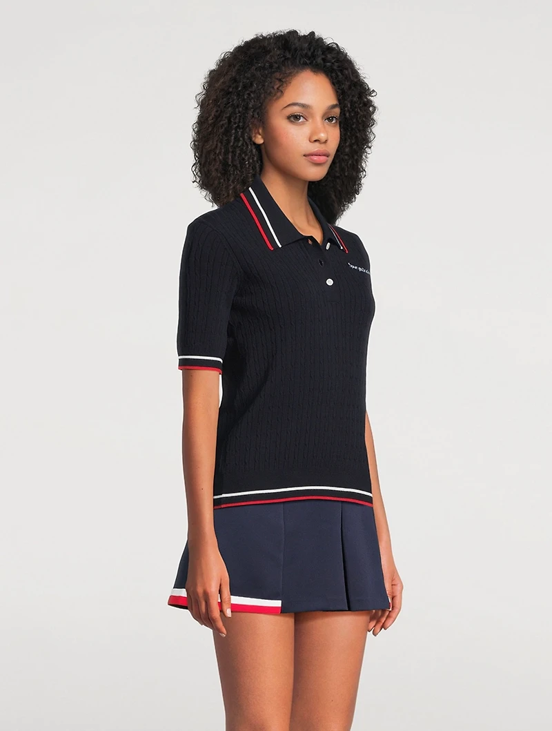 Serif Logo Cable-Knit Polo Shirt