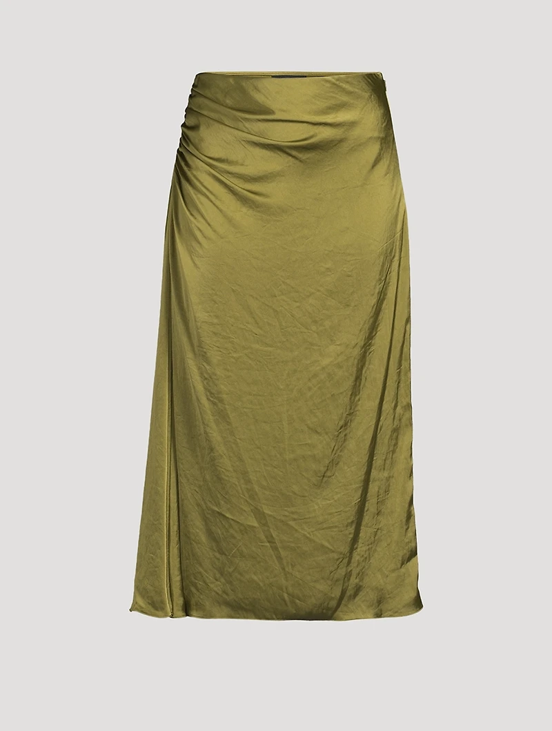 Ruched Crushed Satin Midi Skirt