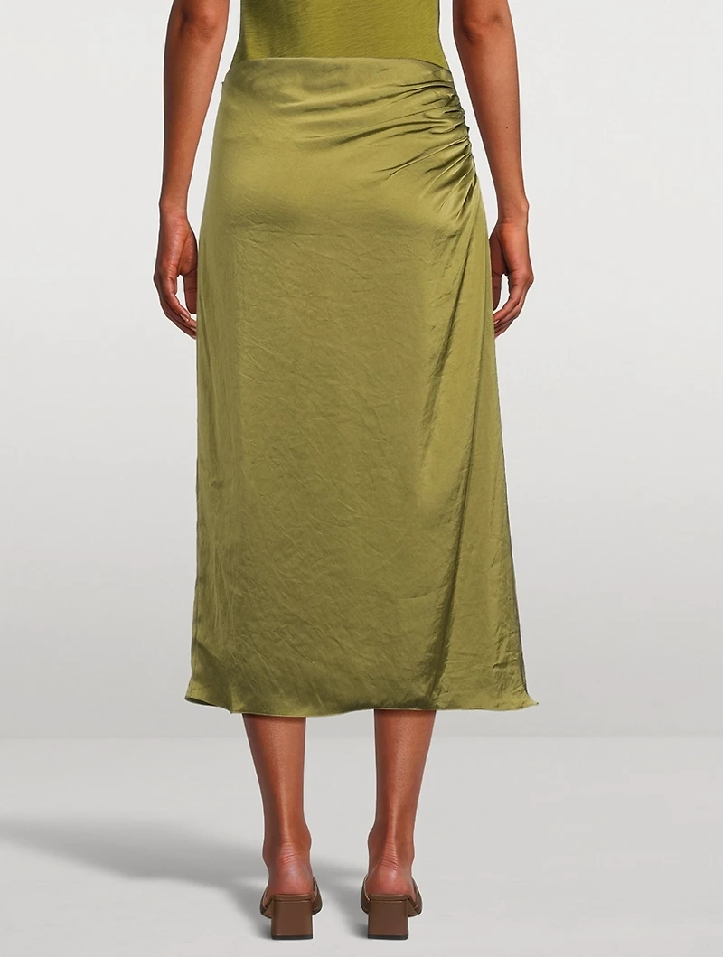 Ruched Crushed Satin Midi Skirt