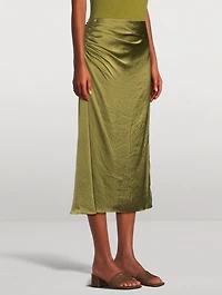 Ruched Crushed Satin Midi Skirt