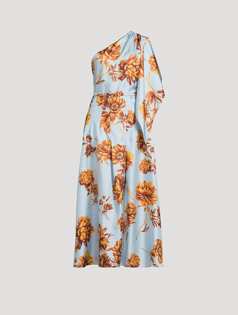 One-Shoulder Silk Twill Midi Dress Peony Print