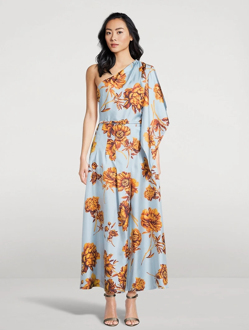 One-Shoulder Silk Twill Midi Dress Peony Print