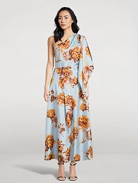One-Shoulder Silk Twill Midi Dress Peony Print