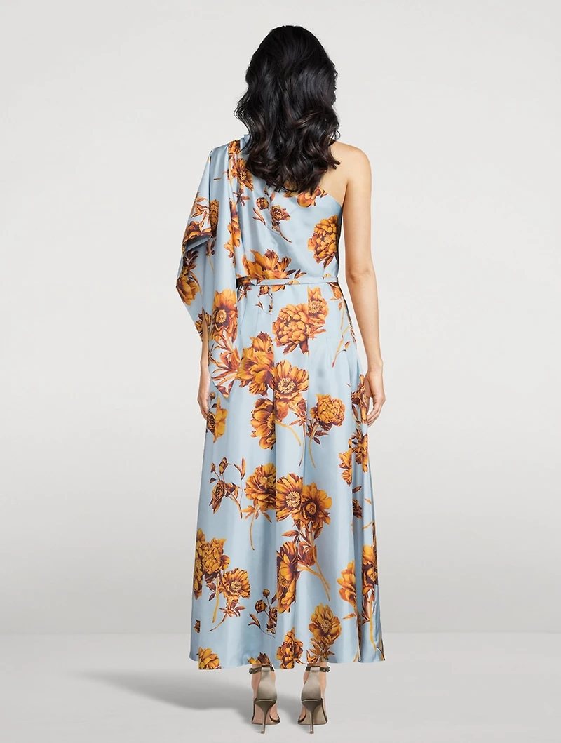 One-Shoulder Silk Twill Midi Dress Peony Print