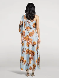 One-Shoulder Silk Twill Midi Dress Peony Print