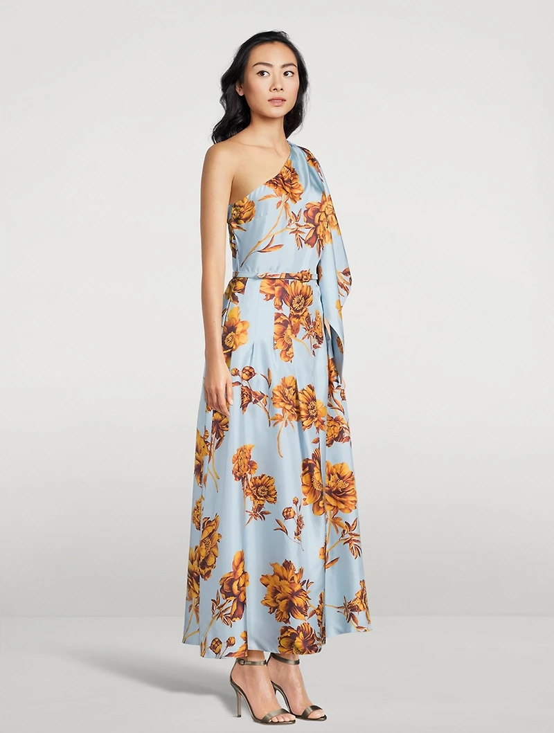 One-Shoulder Silk Twill Midi Dress Peony Print