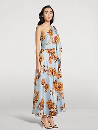One-Shoulder Silk Twill Midi Dress Peony Print