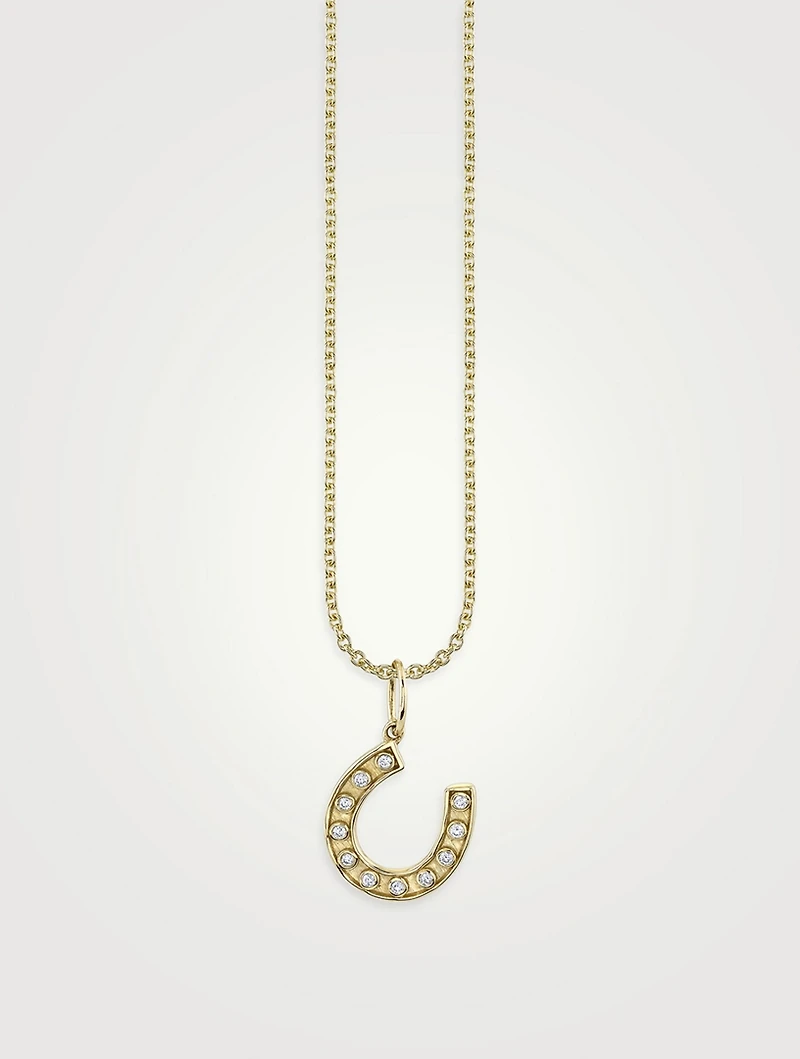 Small 14K Gold Bezel Horseshoe Pendant Necklace With Diamonds