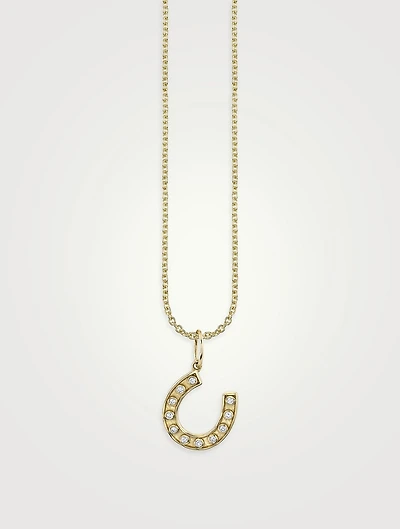 Small 14K Gold Bezel Horseshoe Pendant Necklace With Diamonds