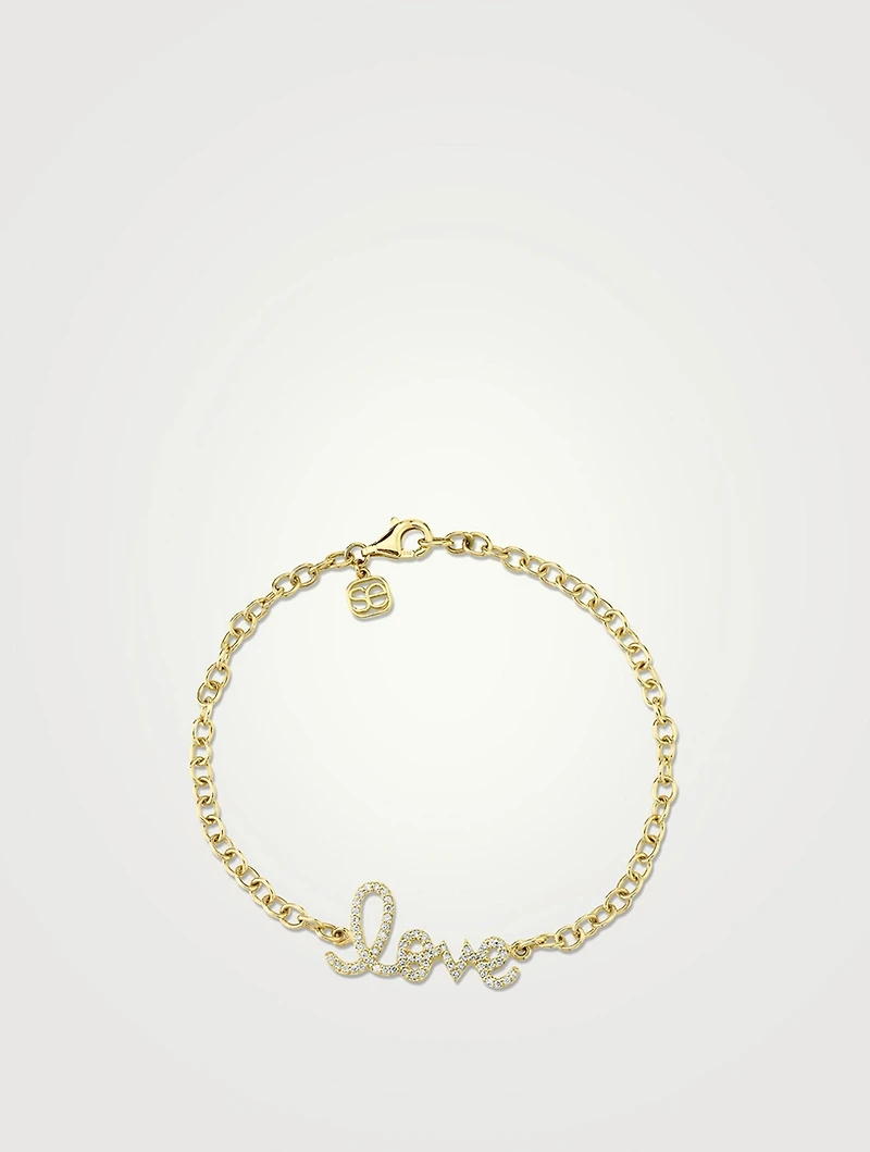 Medium 14K Gold Love Script Chain Bracelet With Diamonds