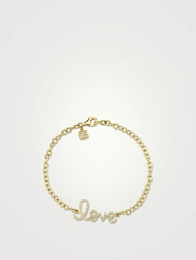 Medium 14K Gold Love Script Chain Bracelet With Diamonds
