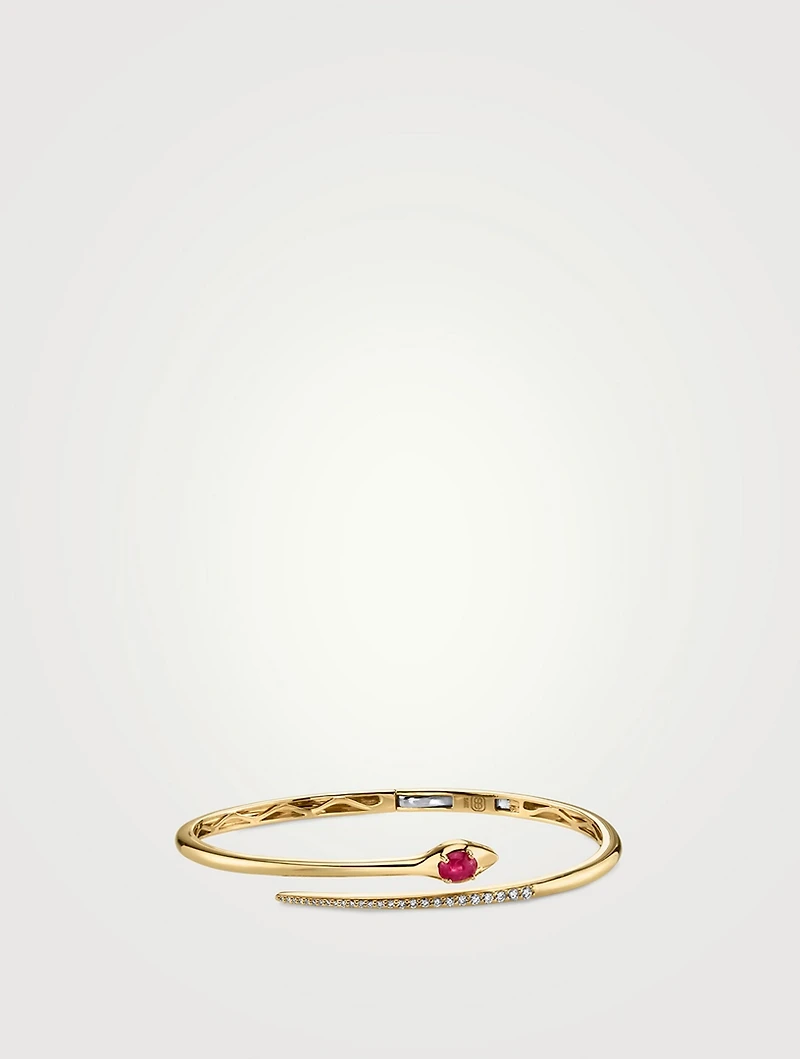 Cabochon 14K Gold Snake Bangle Bracelet With Ruby And Diamonds