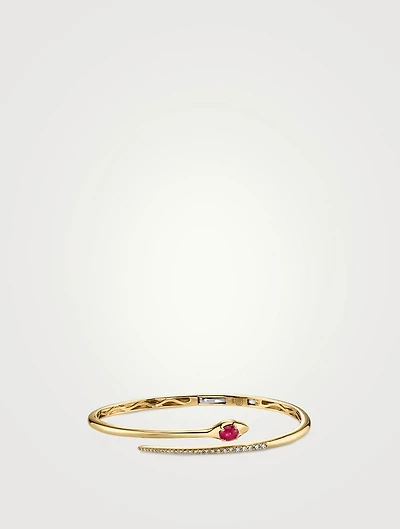Cabochon 14K Gold Snake Bangle Bracelet With Ruby And Diamonds
