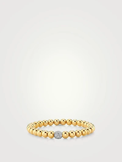 14K Gold Beaded Bracelet With 14K Gold Pavé Diamond Ball