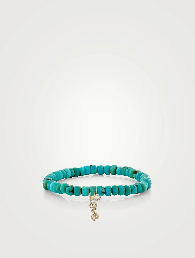 Turquoise Beaded Bracelet With 14K Gold Diamond Love Script Charm