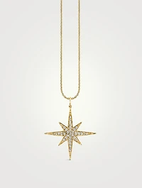 Large 14K Gold Starburst Pendant Necklace With Pavé Diamonds