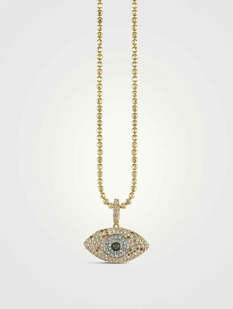 14K Gold Puffy Evil Eye Pendant Necklace With Diamonds