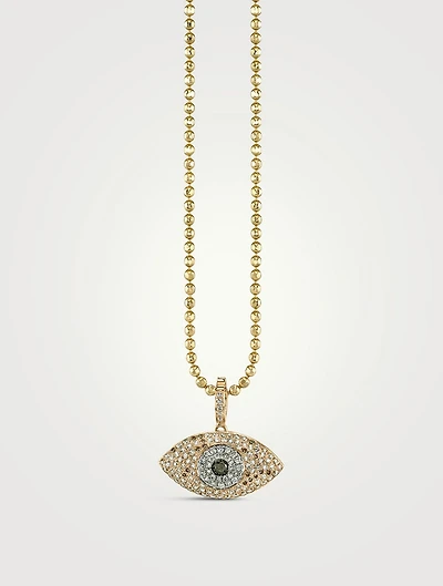 14K Gold Puffy Evil Eye Pendant Necklace With Diamonds