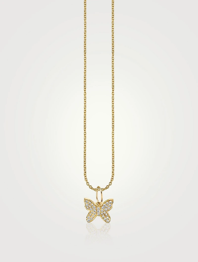 14K Gold Butterfly Pendant Necklace With Pavé Diamonds