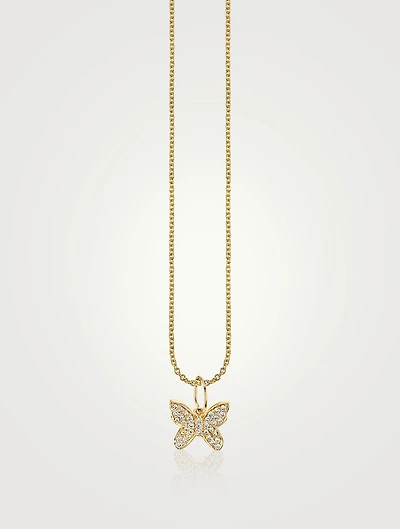 14K Gold Butterfly Pendant Necklace With Pavé Diamonds