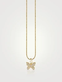 14K Gold Butterfly Pendant Necklace With Pavé Diamonds