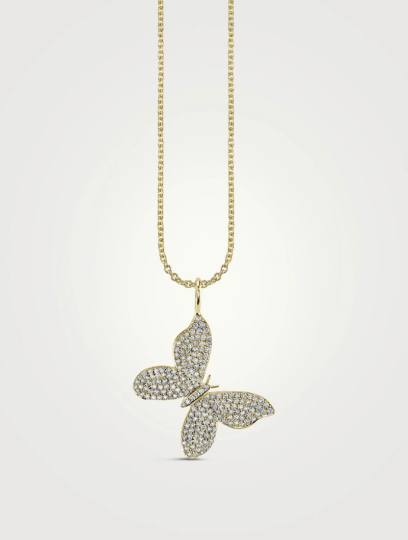 Large 14K Gold Butterfly Pendant Necklace With Pavé Diamonds