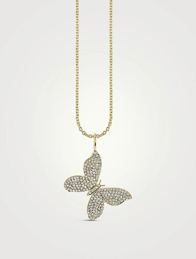 Large 14K Gold Butterfly Pendant Necklace With Pavé Diamonds