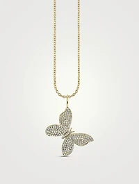 Large 14K Gold Butterfly Pendant Necklace With Pavé Diamonds