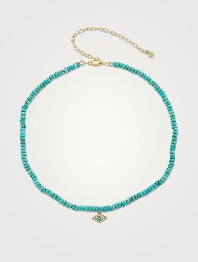 Turquoise Beaded Necklace With Diamond And Turquoise Bezel Evil Eye