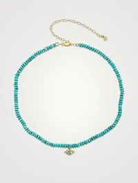 Turquoise Beaded Necklace With Diamond And Turquoise Bezel Evil Eye