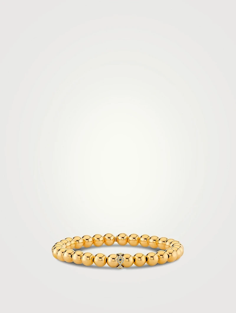 14K Gold Beaded Bracelet With 14K Gold Diamond Evil Eye Rondelle