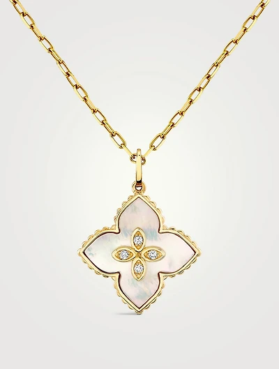 14K Gold Inlay Flower Pendant Necklace With Mother-Of-Pearl And Diamonds