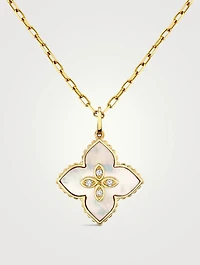 14K Gold Inlay Flower Pendant Necklace With Mother-Of-Pearl And Diamonds