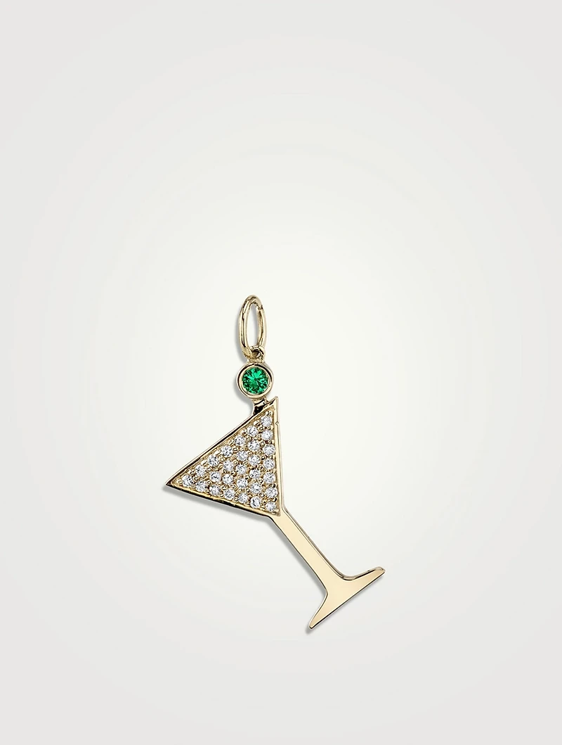 Large 14K Gold Martini Charm With Emerald And Diamonds