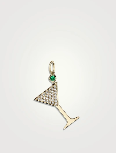 Large 14K Gold Martini Charm With Emerald And Diamonds