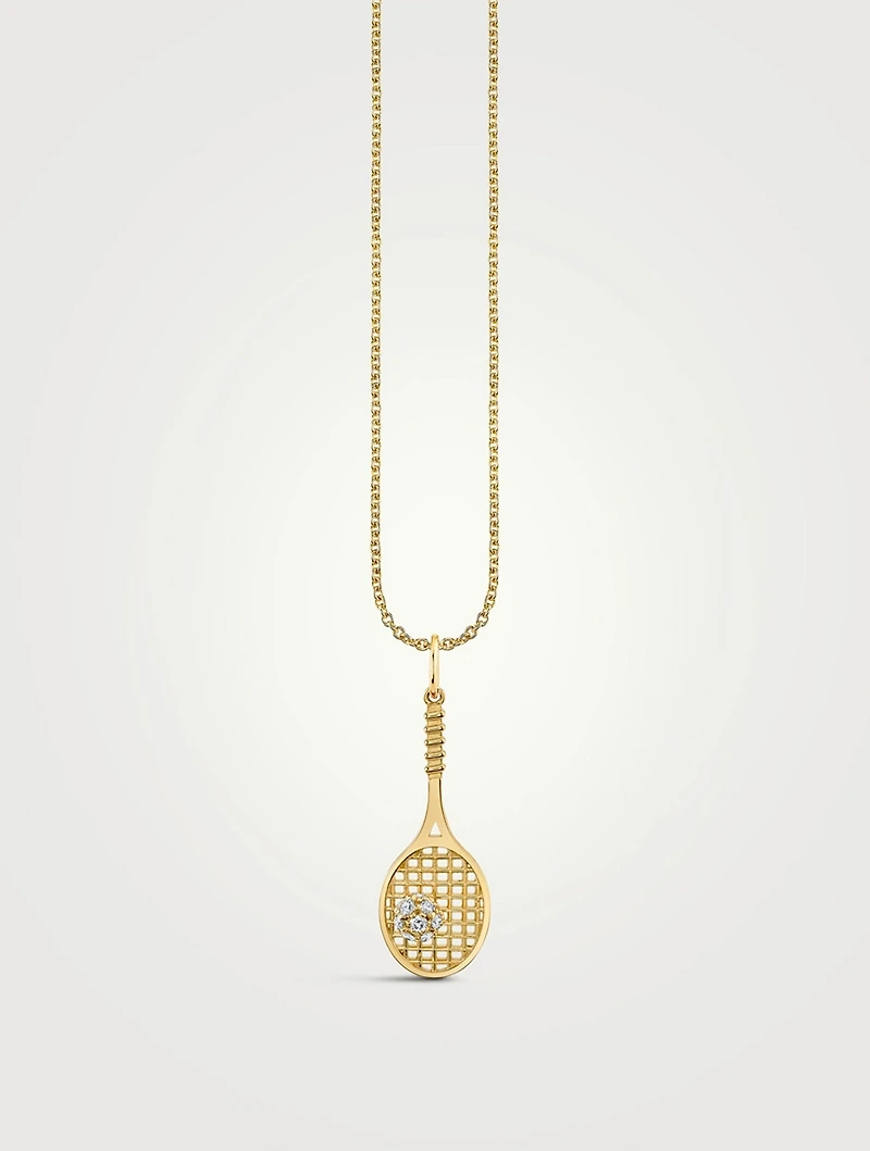 Large 14K Gold Tennis Racquet Necklace With Diamonds