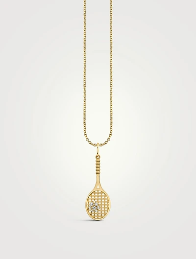 Large 14K Gold Tennis Racquet Necklace With Diamonds