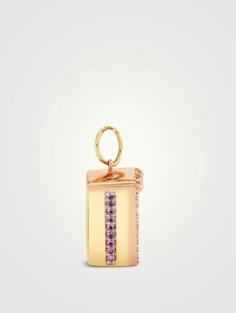 14K Gold Cake Slice Charm With Pink Sapphires And Diamonds