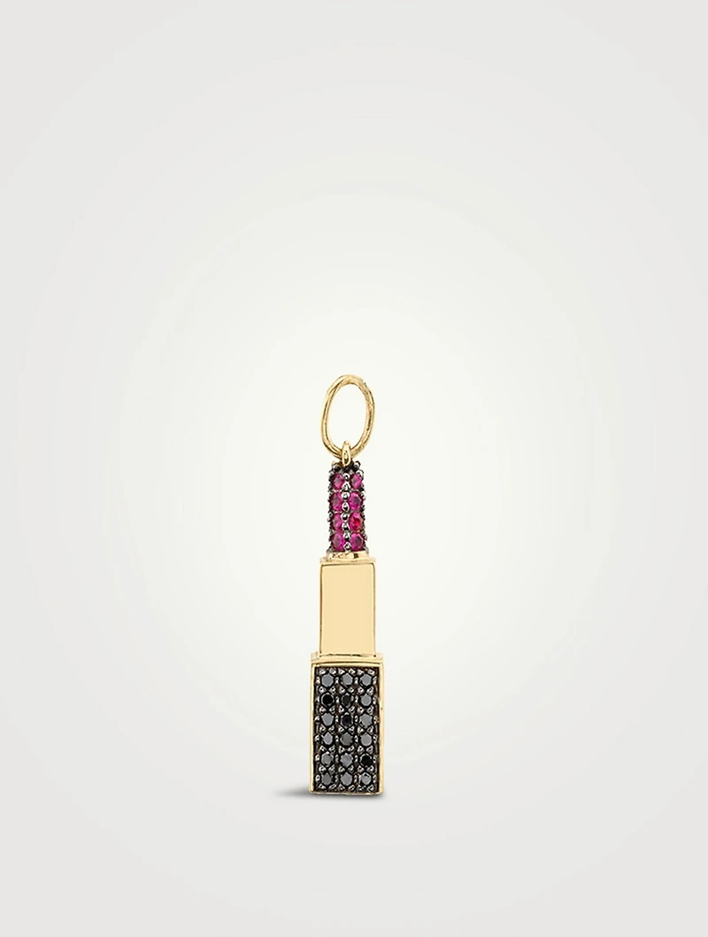 14K Gold Lipstick Charm With Rubies And Black Diamonds