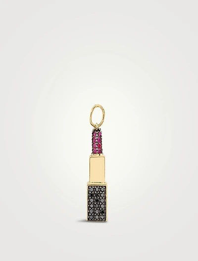 14K Gold Lipstick Charm With Rubies And Black Diamonds
