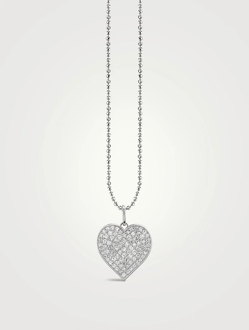 XL 14K White Gold Heart Pendant Necklace With Pavé Diamonds