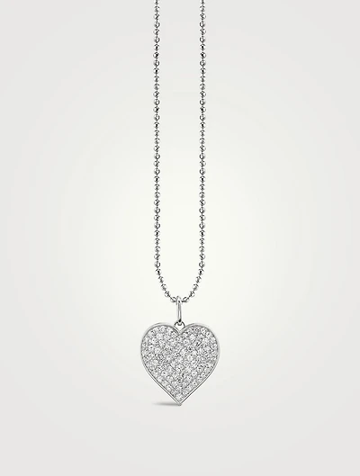 XL 14K White Gold Heart Pendant Necklace With Pavé Diamonds