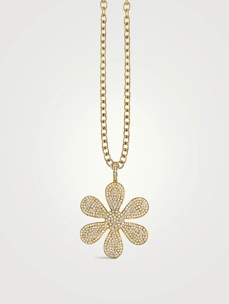 XL 14K Gold Daisy Pendant Necklace With Pavé Diamonds